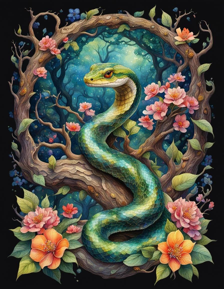 (intricately detailed watercolor painting ofa snake with colorful ...