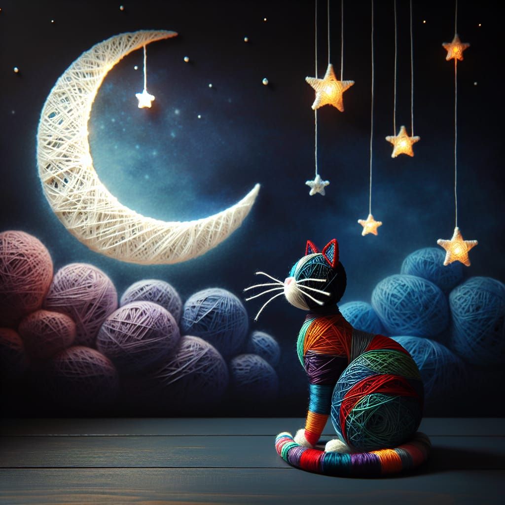 Whimsical Thread Cat Under the Serene Night Sky