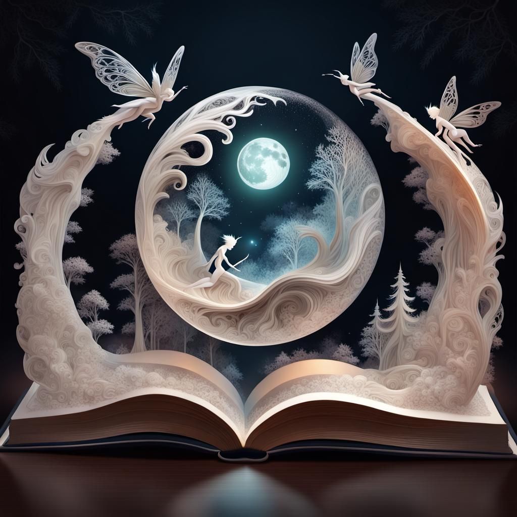 Fairies flying out of hand carved lace marble sculpted book,...