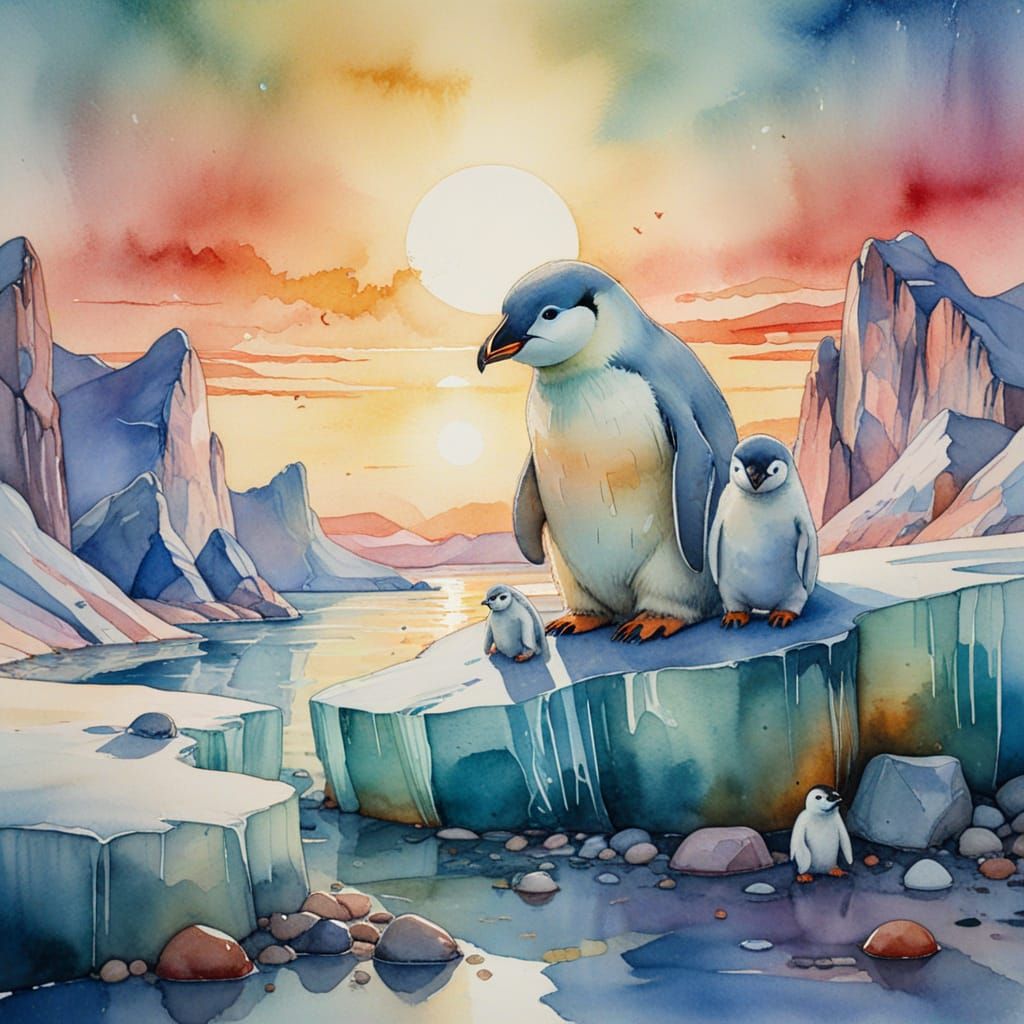 Penguins and Polar Bear in Desert, Watercolor Style