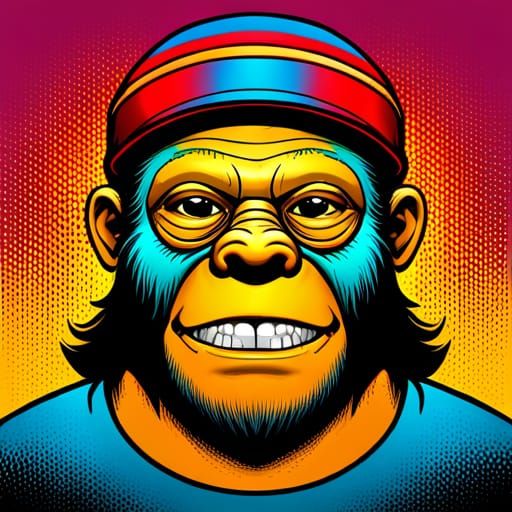 portrait of pop art cartoon Ape with a backwards hat on his head, super ...