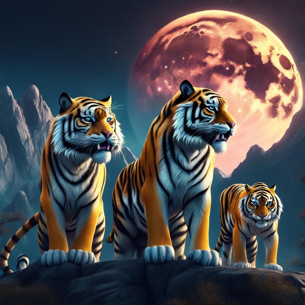 3 mystic tigers under a full moon with mountains alchemical ...
