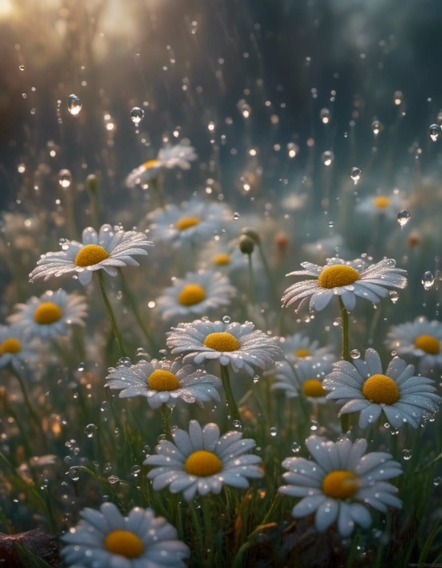 Dew-Kissed Daisies: Photorealistic Macro in Misty Garden