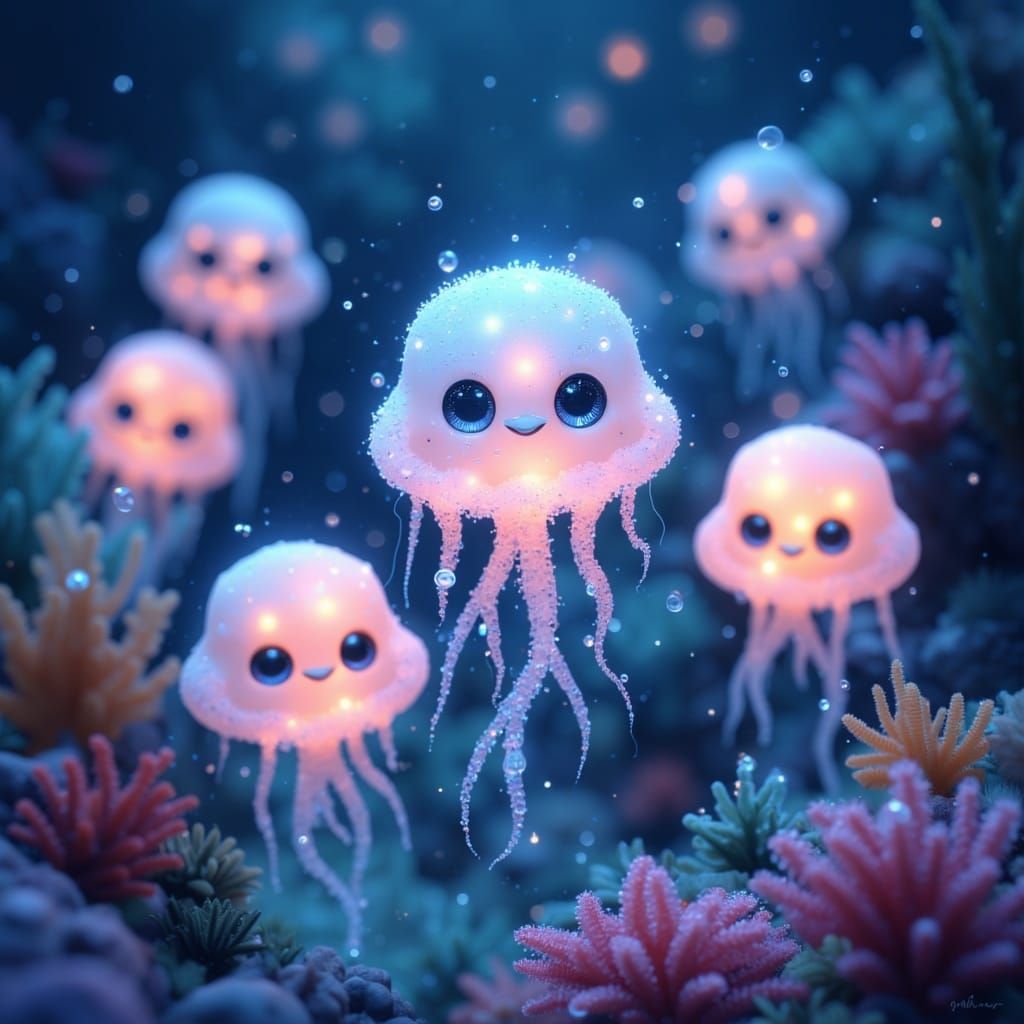  <lora:MJ6 Cuties:1.0> A group of cute jellyfish-shaped characters, glowing with soft light and floating in the air, surrounded by colorful ...
