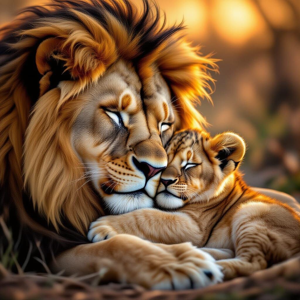 hyper-realistic portrait of lion cub snuggling with the male lion as he slept