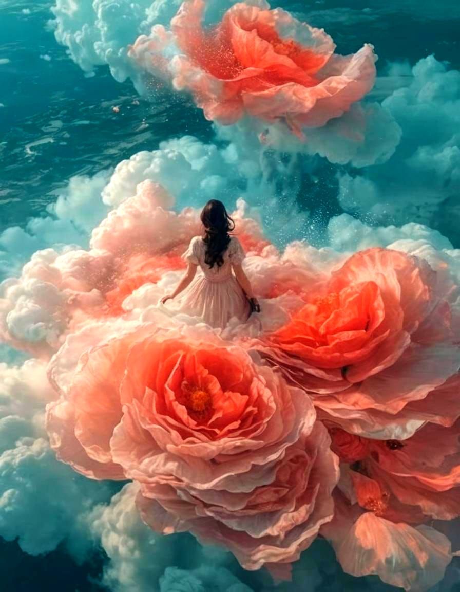 The clouds are made of poppy flowers and roses. The girl walks on the clouds into the distance.highly detailed photorealistic.super detailed...
