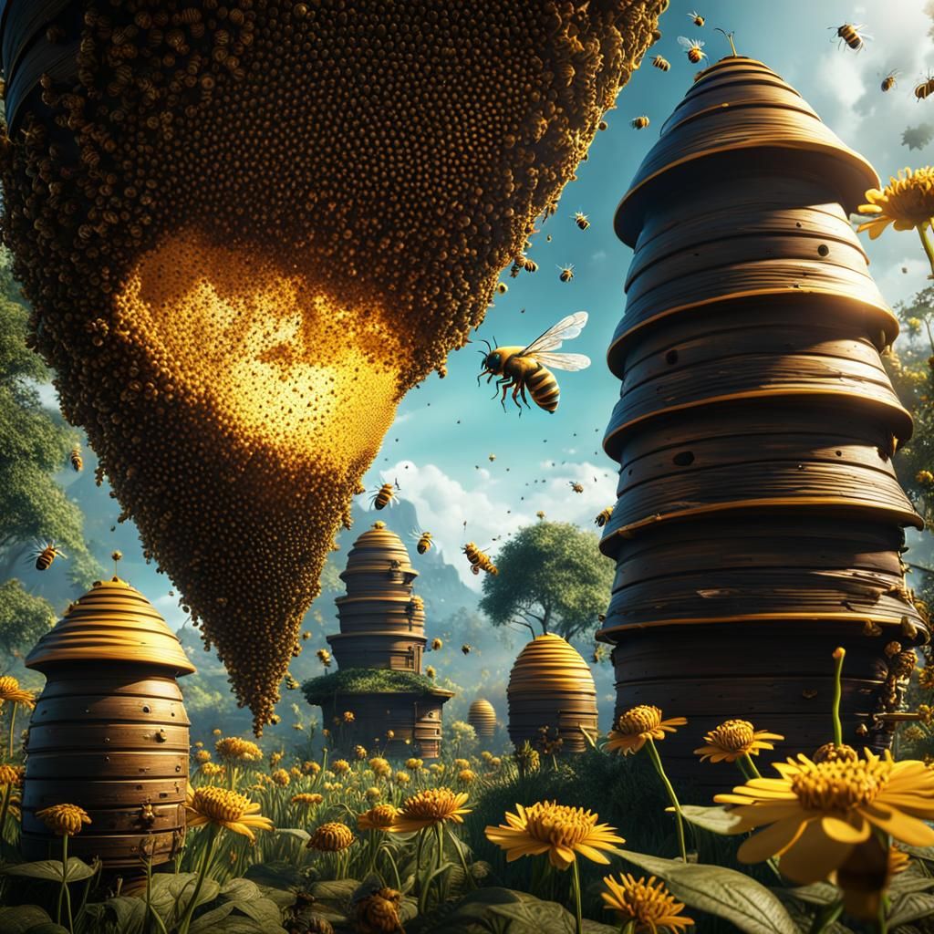 A bee flying around a bee hive