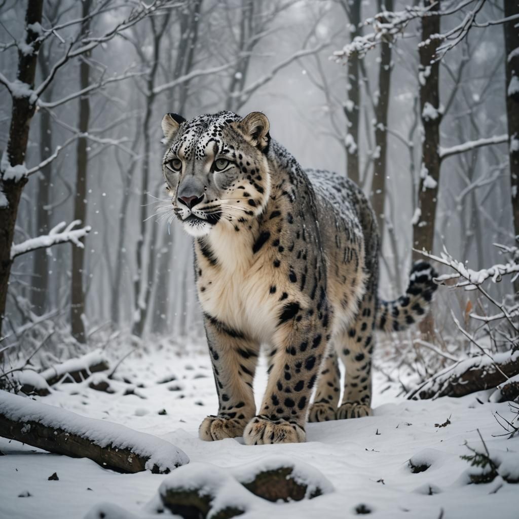 Snow leopard in a snowy forest. Mostly white  by @Gramma_to_2