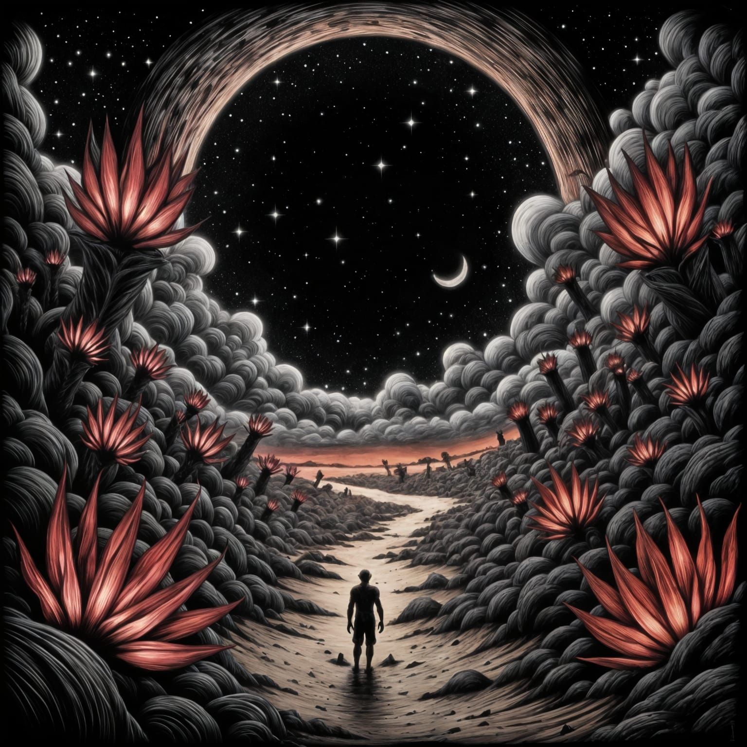 Cosmic Sunset Portrait in Jak Art Style