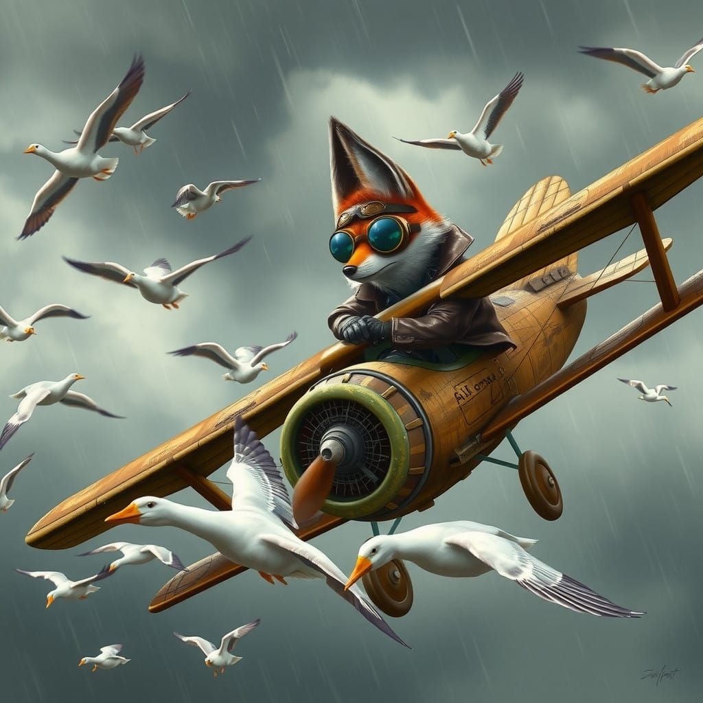 Aviator fox in a doble wings plane, gooses flying around, gray clouds, raining   by @Wesly 