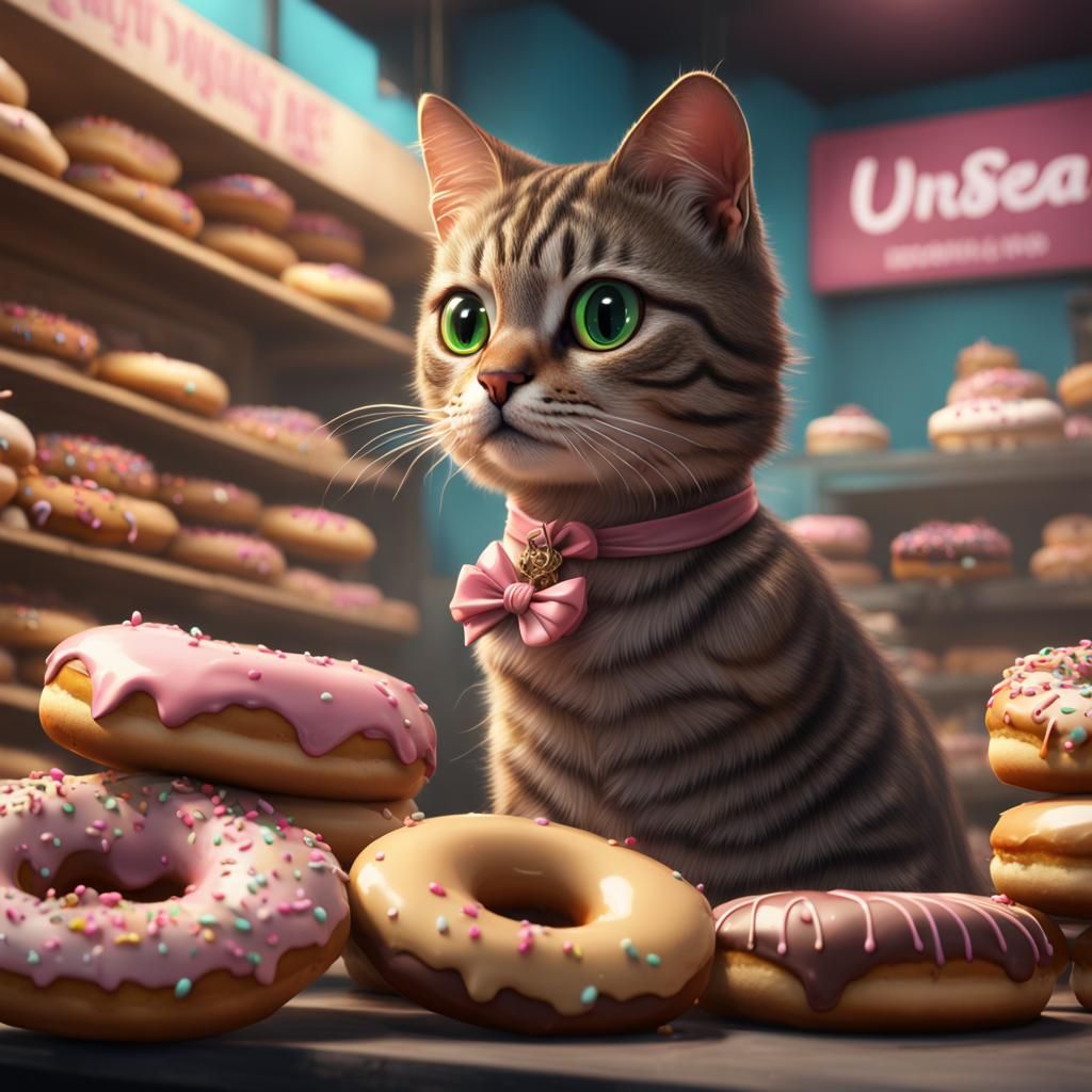 Tabby cat selling doughnuts in shop