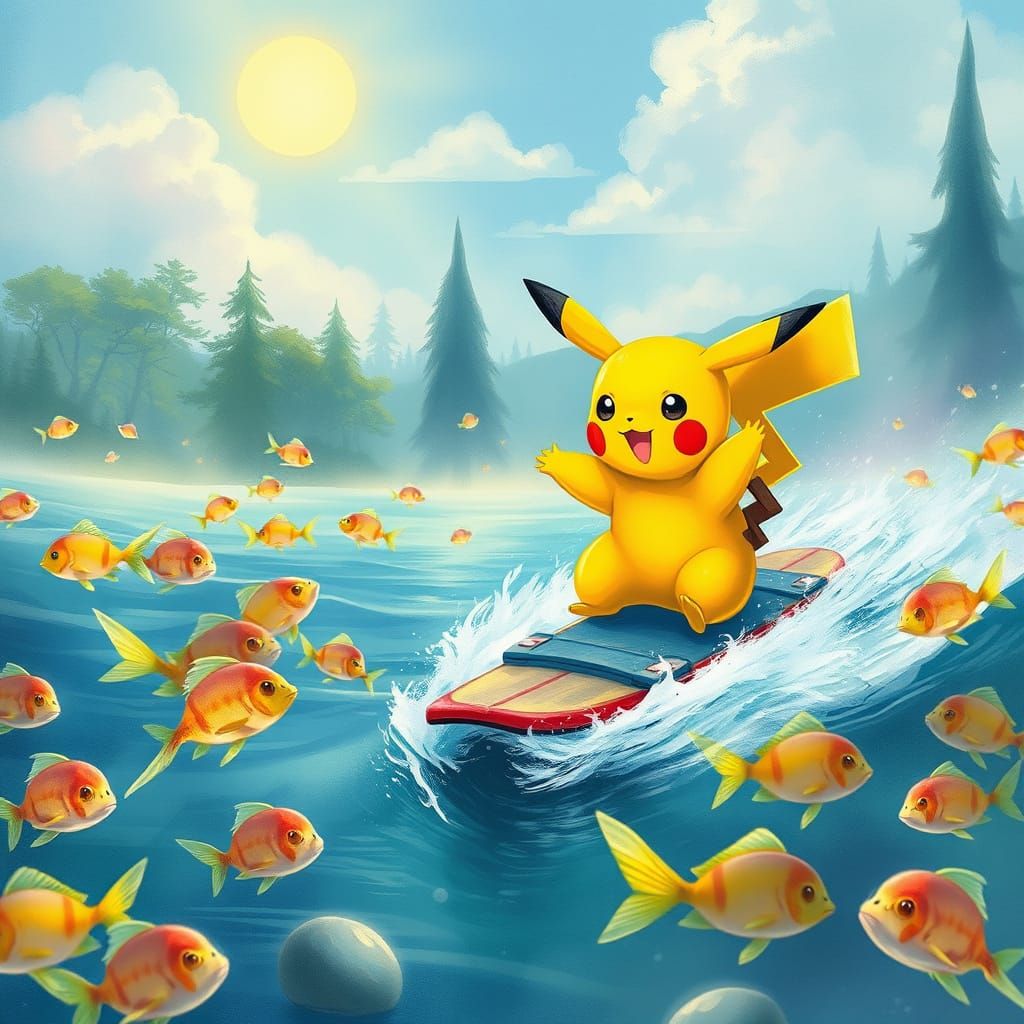 Dreamlike Pikachu Rides Surfboard Amidst Magikarp in a Vibra...