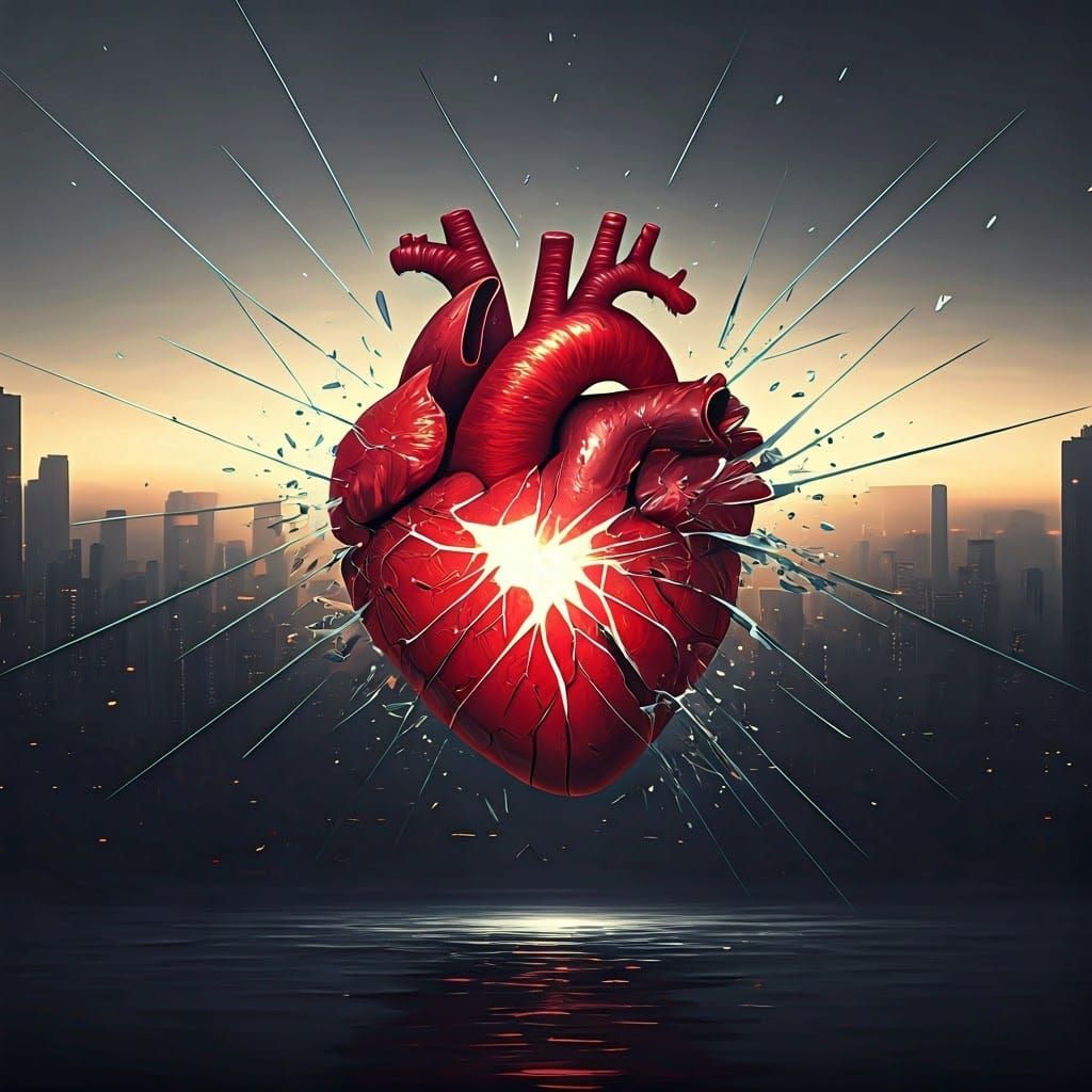 Shattered Heart in a Dystopian Cityscape