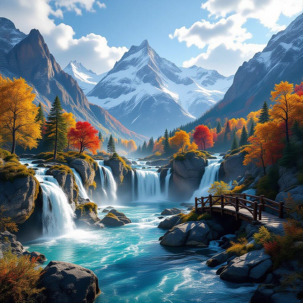 a vibrant, detailed photo depicting a breathtaking autumn landscape. The scene features a series of cascading waterfalls flowing down rocky ...
