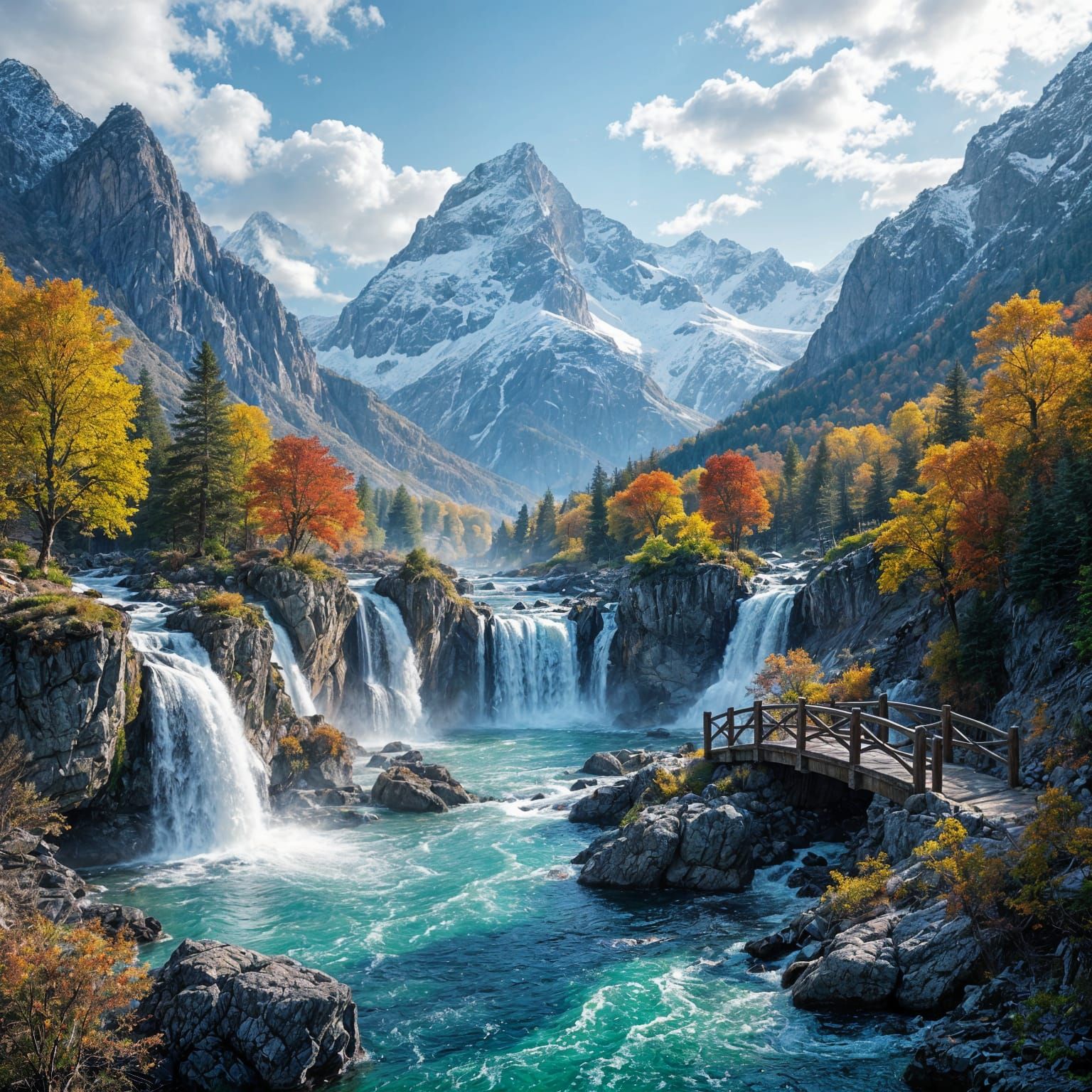 a vibrant, detailed photo depicting a breathtaking autumn landscape. The scene features a series of cascading ...  by @My_project