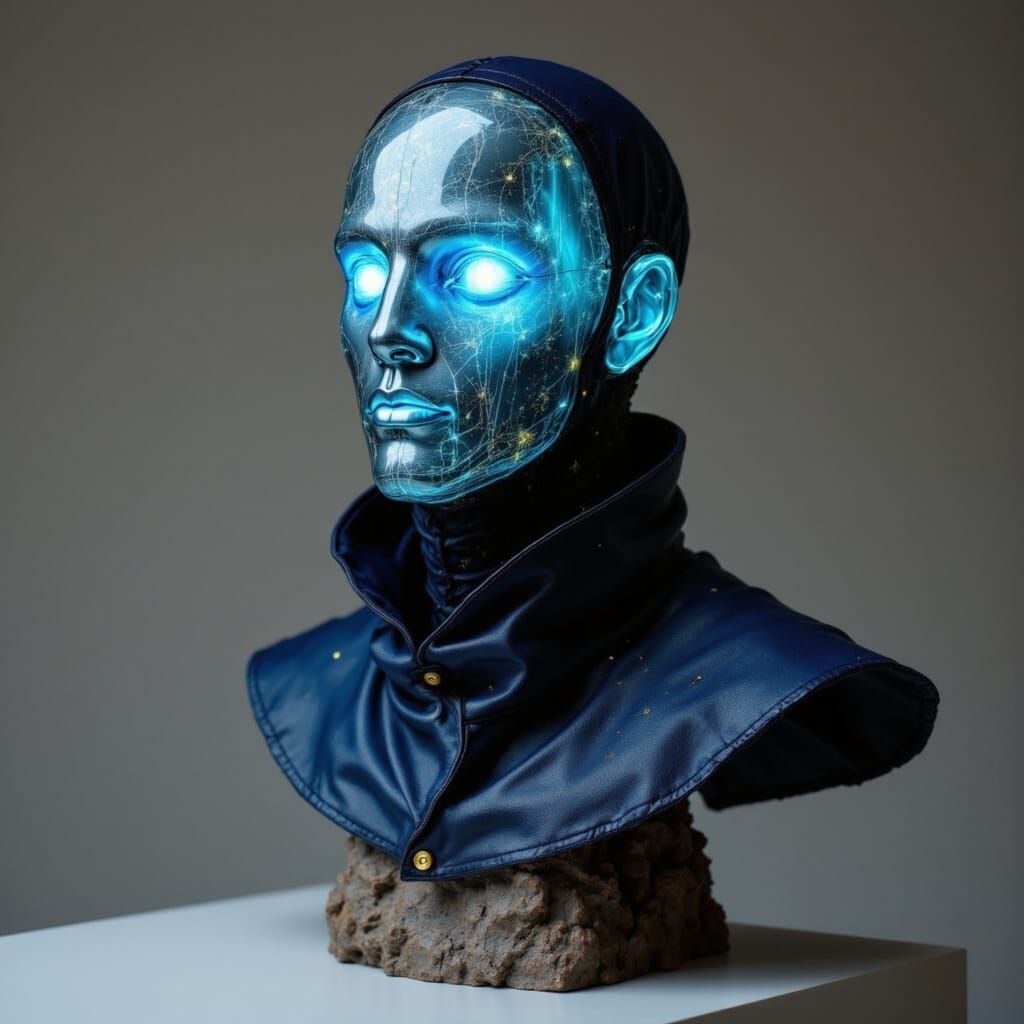<lora:Bust-ed:1.0>  

Male masked humanoid with a sleek silver glass faceplate or faceless hood, glowing neon-blue eyes, and circuitry threa...