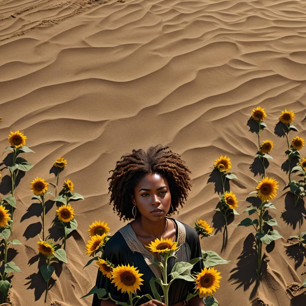 A black woman facing the beach with brown hair medium skin t...