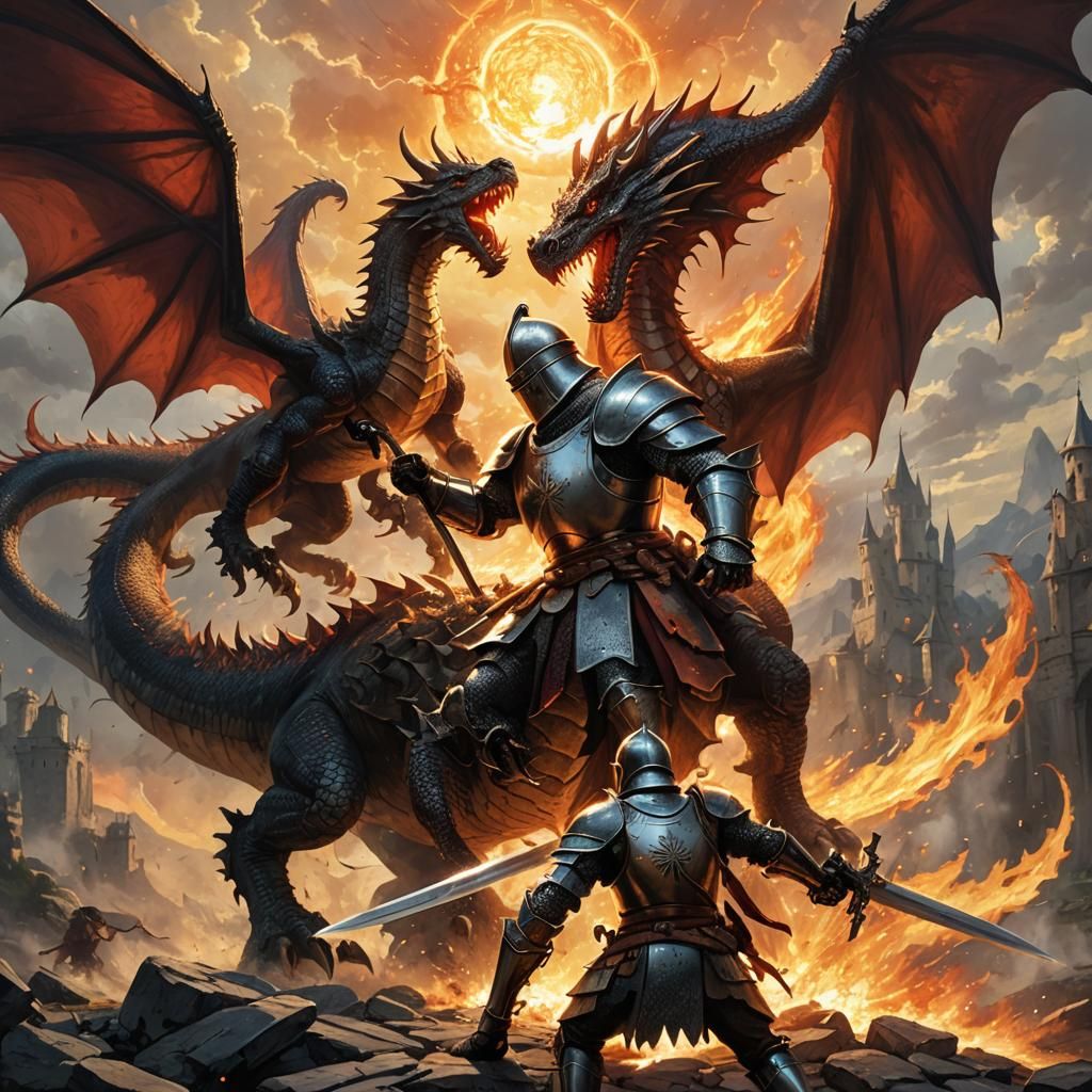a knight fighting a dragon as the sun explodes