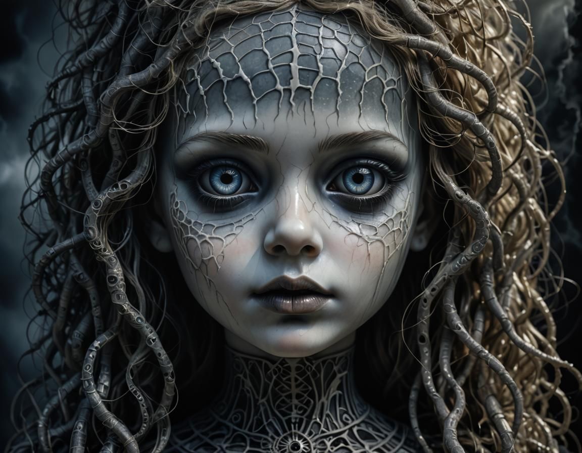 eerie scene featuring a cursed doll with cracked porcelain skin and haunting eyes  by @Ipgorn