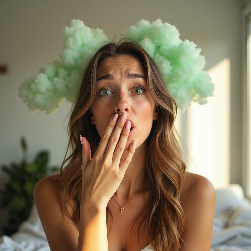 Woman covering her mouth, saying oops, with a little green cloud behind her, indoors

