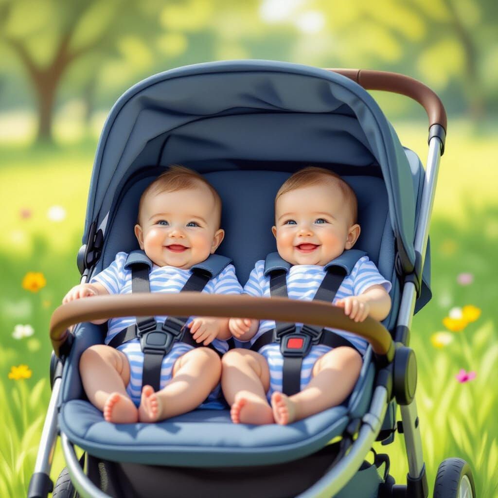 Adorable Twin Babies Smiling in Stroller in Park