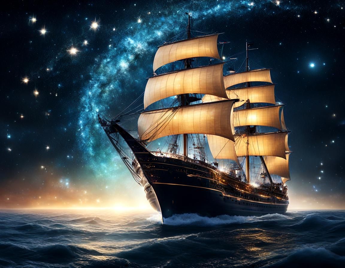 Ship sailing in the ocean underneath the sparkling starry sky   by @Sarah