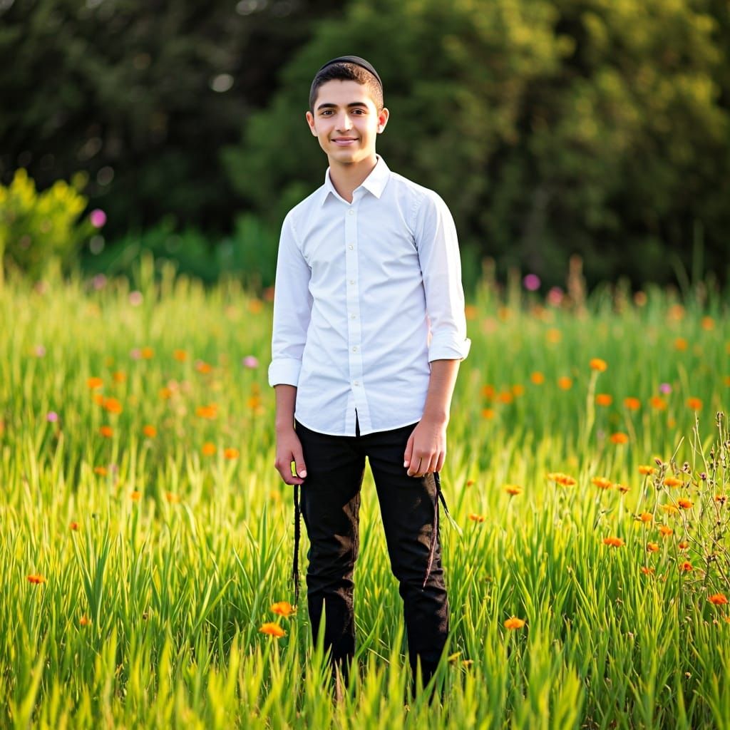 Young Haredi Man in Sunlit Meadow Portrait