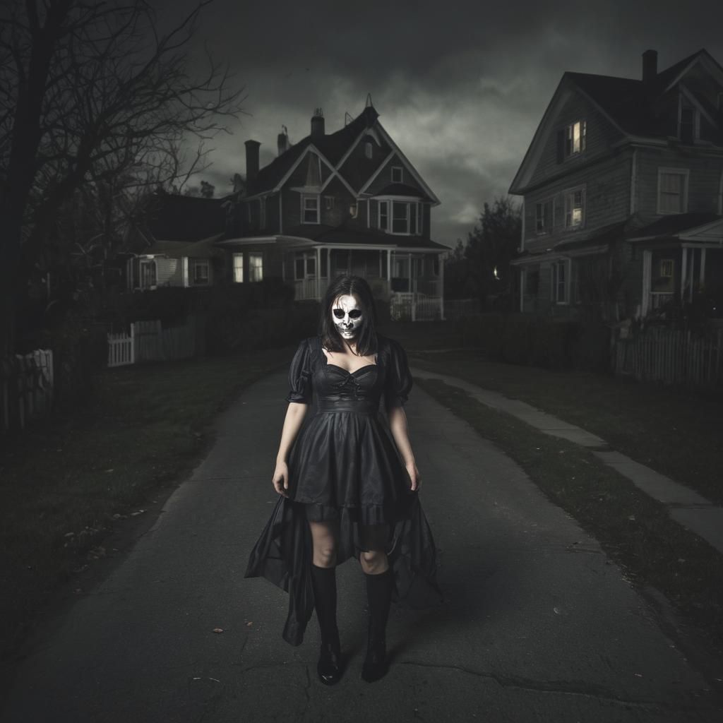 Silly Halloween woman dresses less in the dark of the night