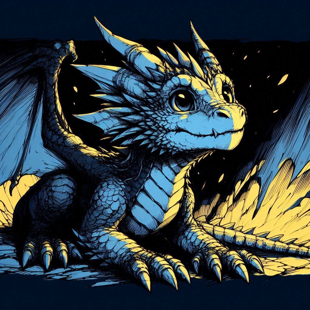 Little blue and yellow watercolor sketch dragon