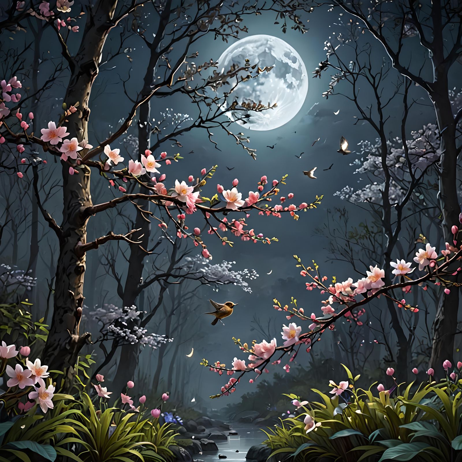 Moonlit forest, blooming flowers, chirping  by @Artificial Artistry