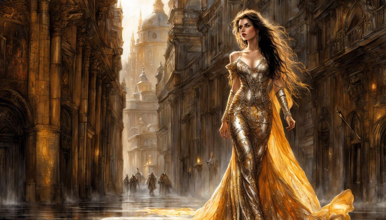 Fashion illustration. Full shot. A statuesque woman with long raven hair, clad in a sparkling gold sequin ...  by @Niels Carlsen