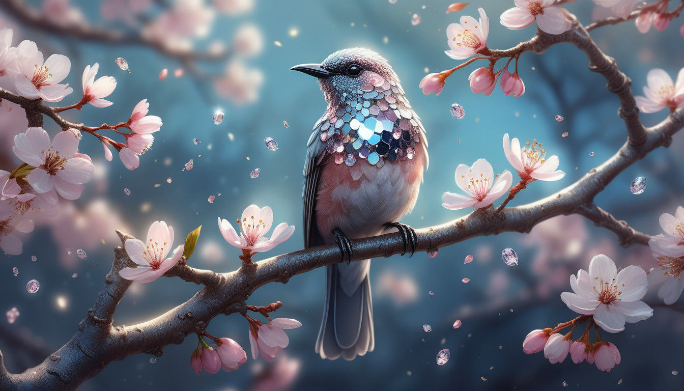 "a crystal bird covered in diamonds, perched on a branch of cherry blossoms. a soft, ethereal light, ...  by @Spearmint