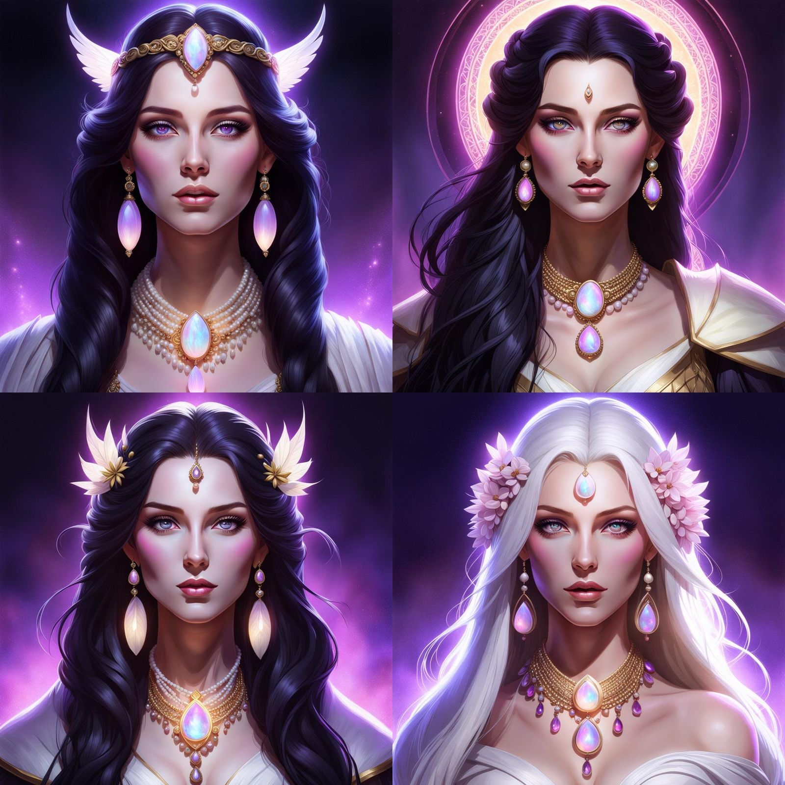 Irish goddess with long black fleecy hair, violet eyes, ivor...
