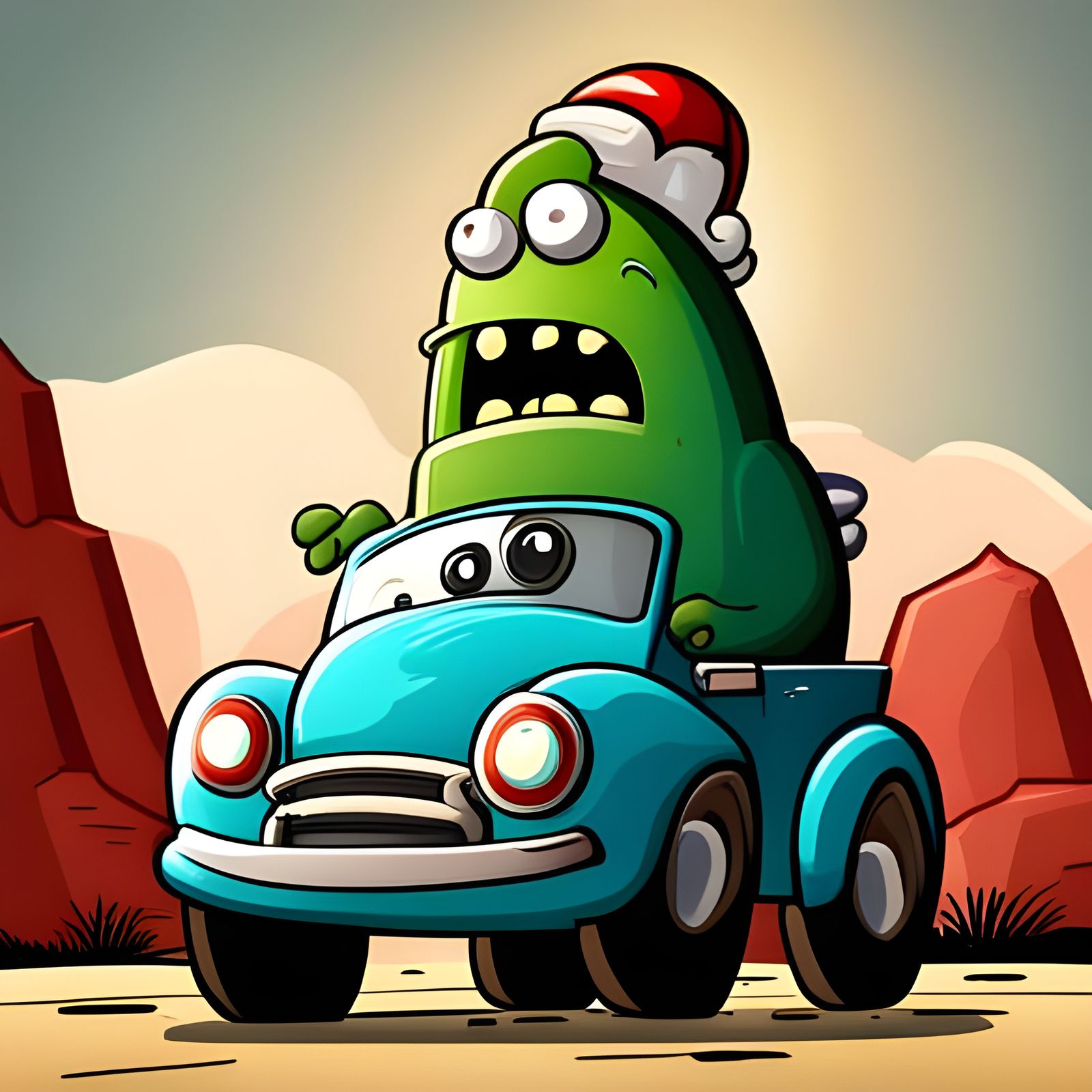 A Cartoon Monster driving a Cartoon Car