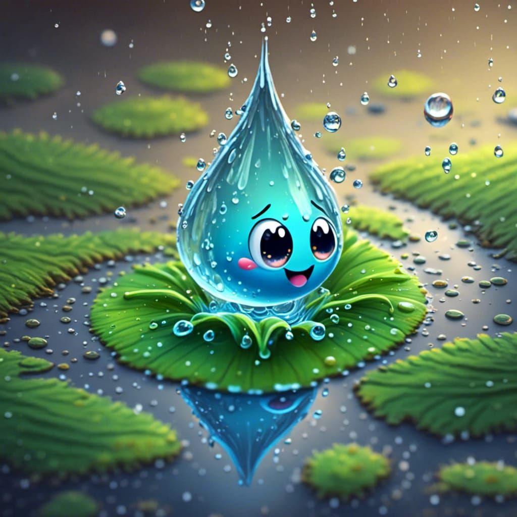<lora:waterdrops:1.0> Super cute friendly water drop splashing in a puddle 