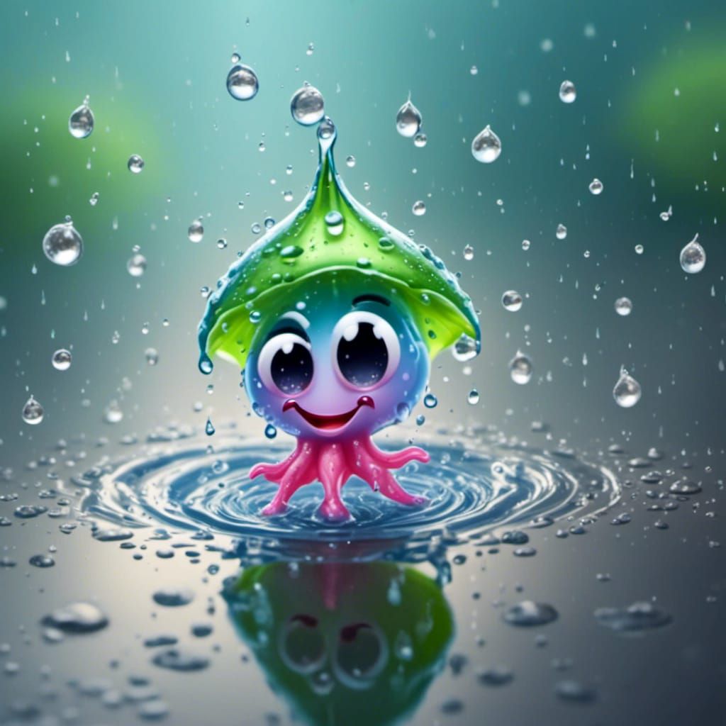 <lora:waterdrops:1.0> Super cute friendly water drop splashing in a puddle 