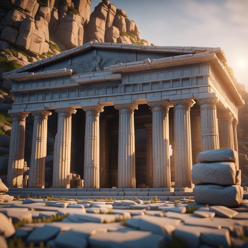 greek temple with electronic parts instead of statues 