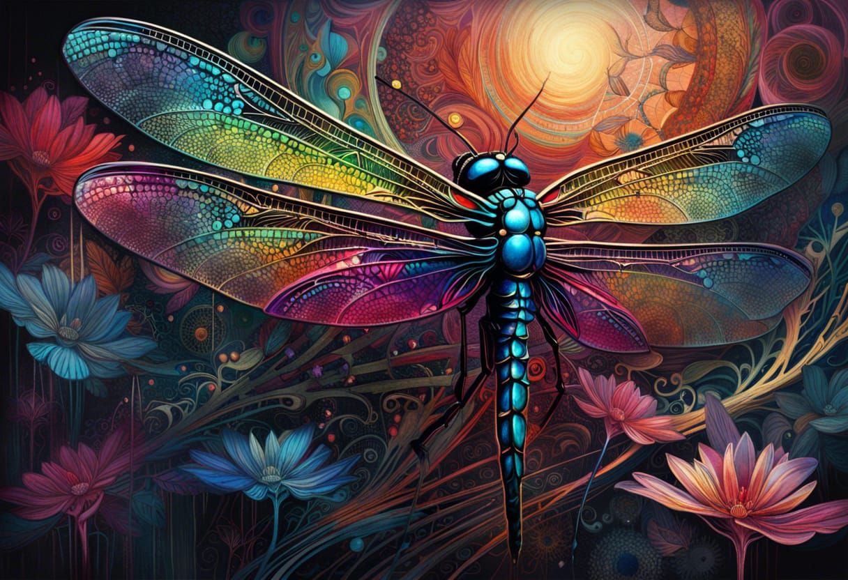 Psychedelic Dragonfly in Vibrant, Shiny Concept Art