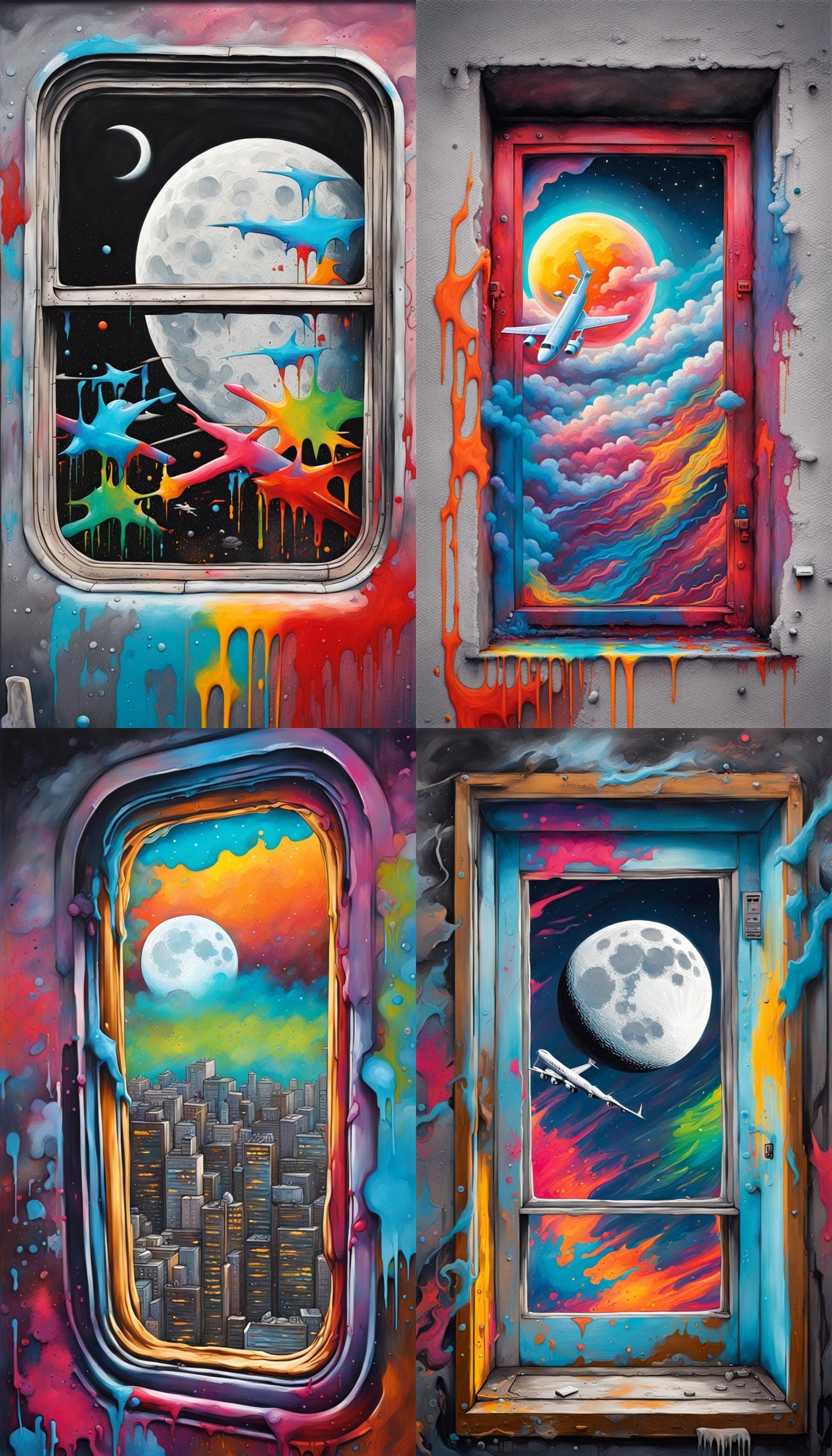 Moon out a plane window graffiti art, splash art, street art...