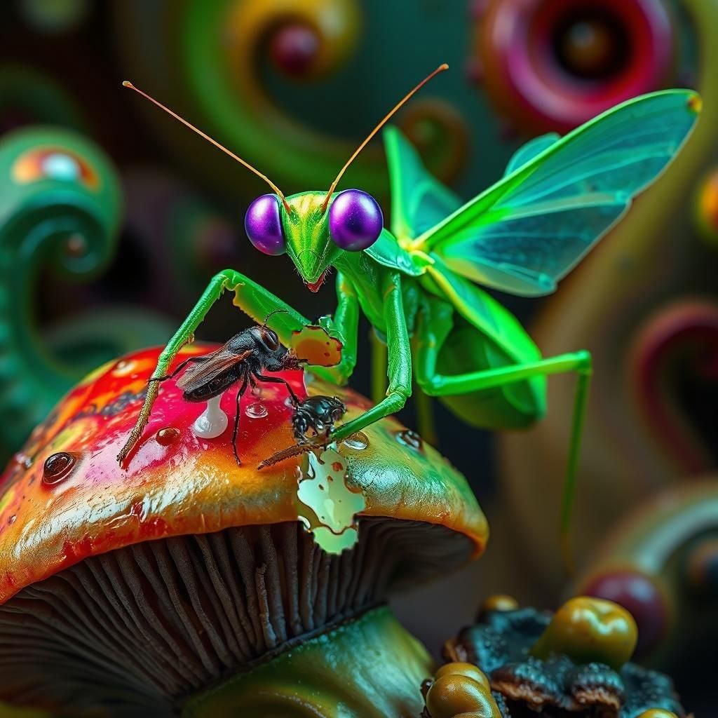 An elegantly beautiful bright green preying mantis with big purple eyes is perched on a psychadelic trippy brightly colored mushroom.  The p...