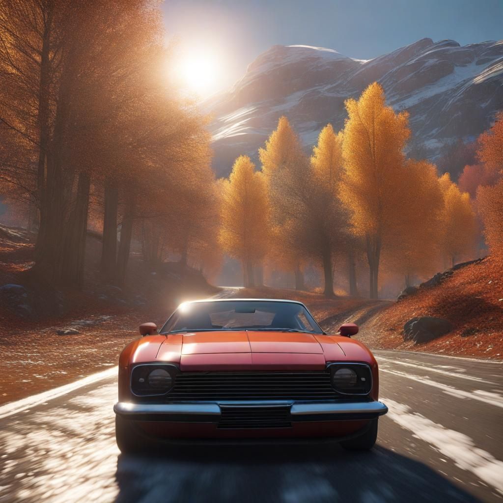 Extremely photo realistic car on a road that is transitionin...