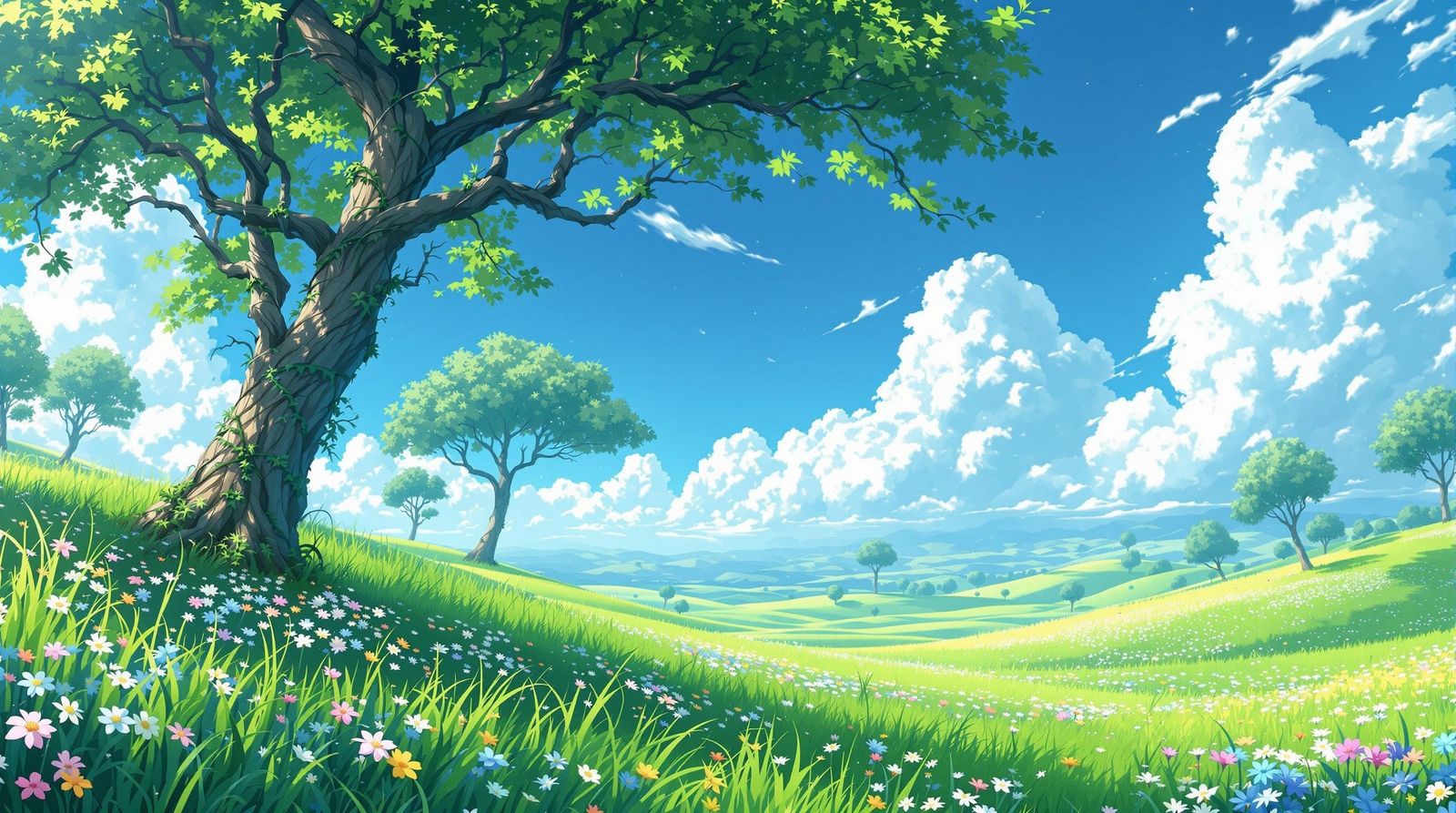 Whimsical Anime Landscape with Vibrant Wildflowers and Tower...