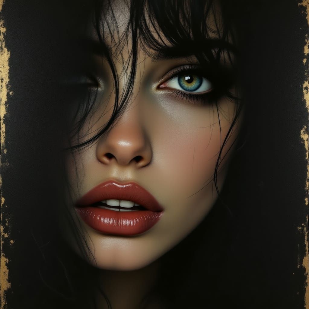 A stunning close up photo of a beautiful woman with blue eyes, full lips, and...