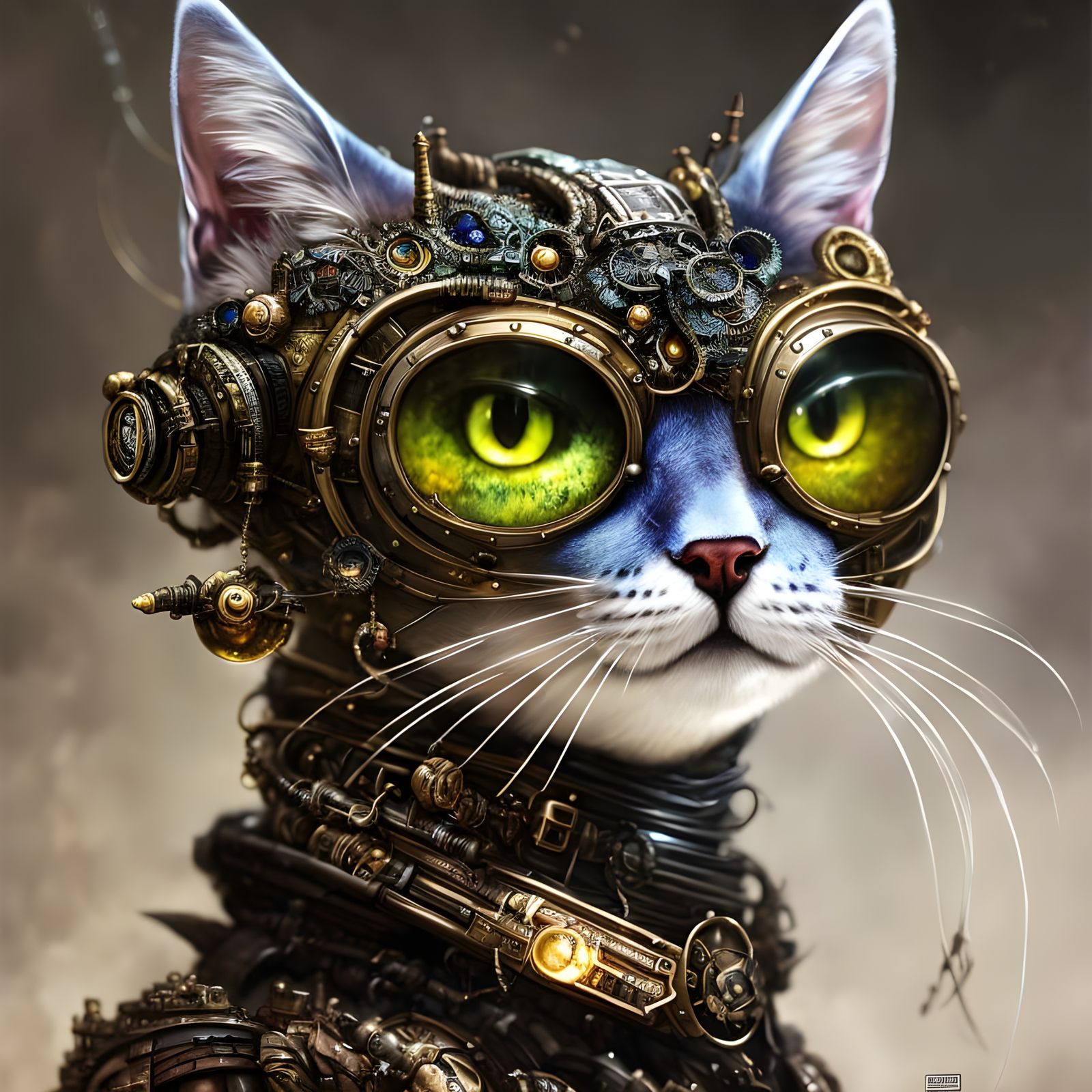 Armored Steampunk Cat Portrait in Shroompunk Style