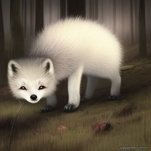 A small baby arctic fox wandering a forest at night with a b...