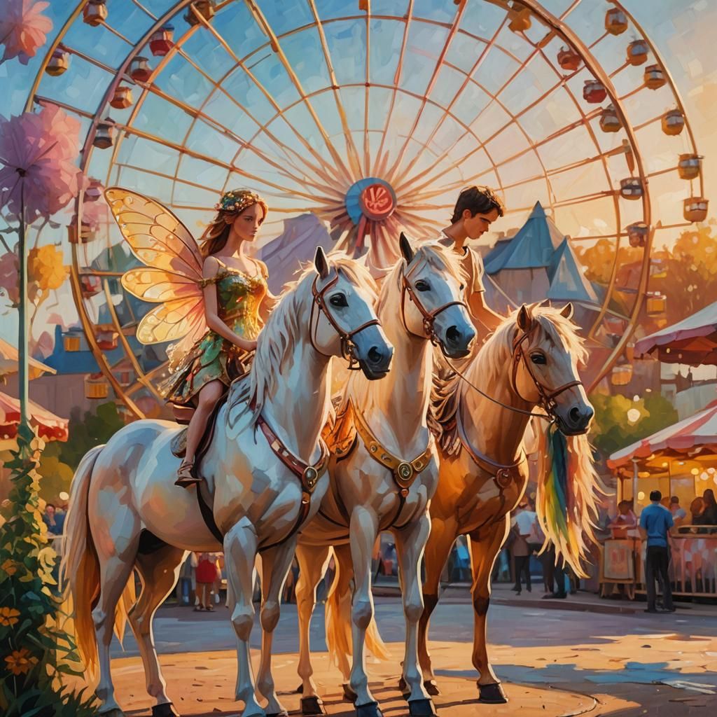 Fairy and Centaur by Ferris Wheel, Impressionist Oil Paintin...