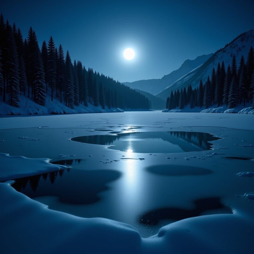 <lora:Natures Finest:1.0> A frozen lake reflecting the moons glow on a wintry night 4K high resolution high definition intricately detailed...