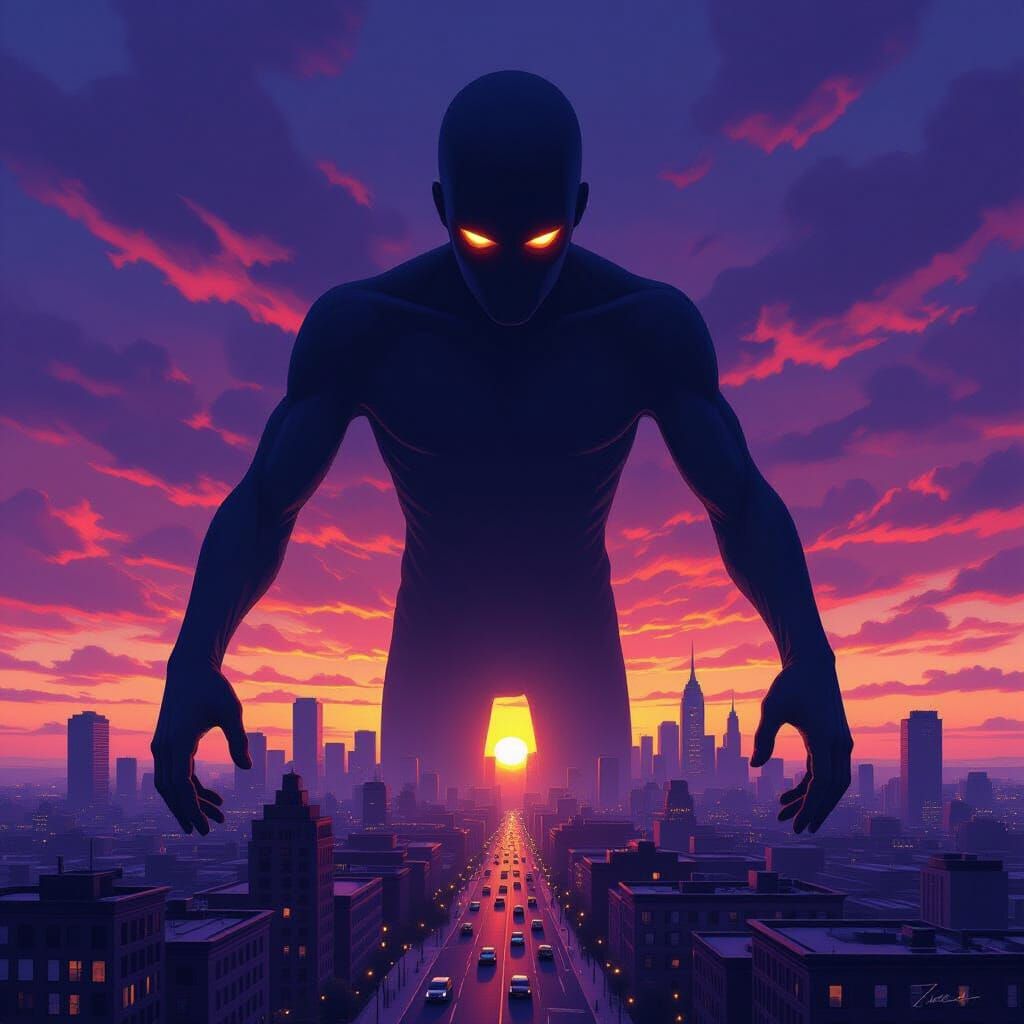 Colossal City Creature Gazes at Sunset