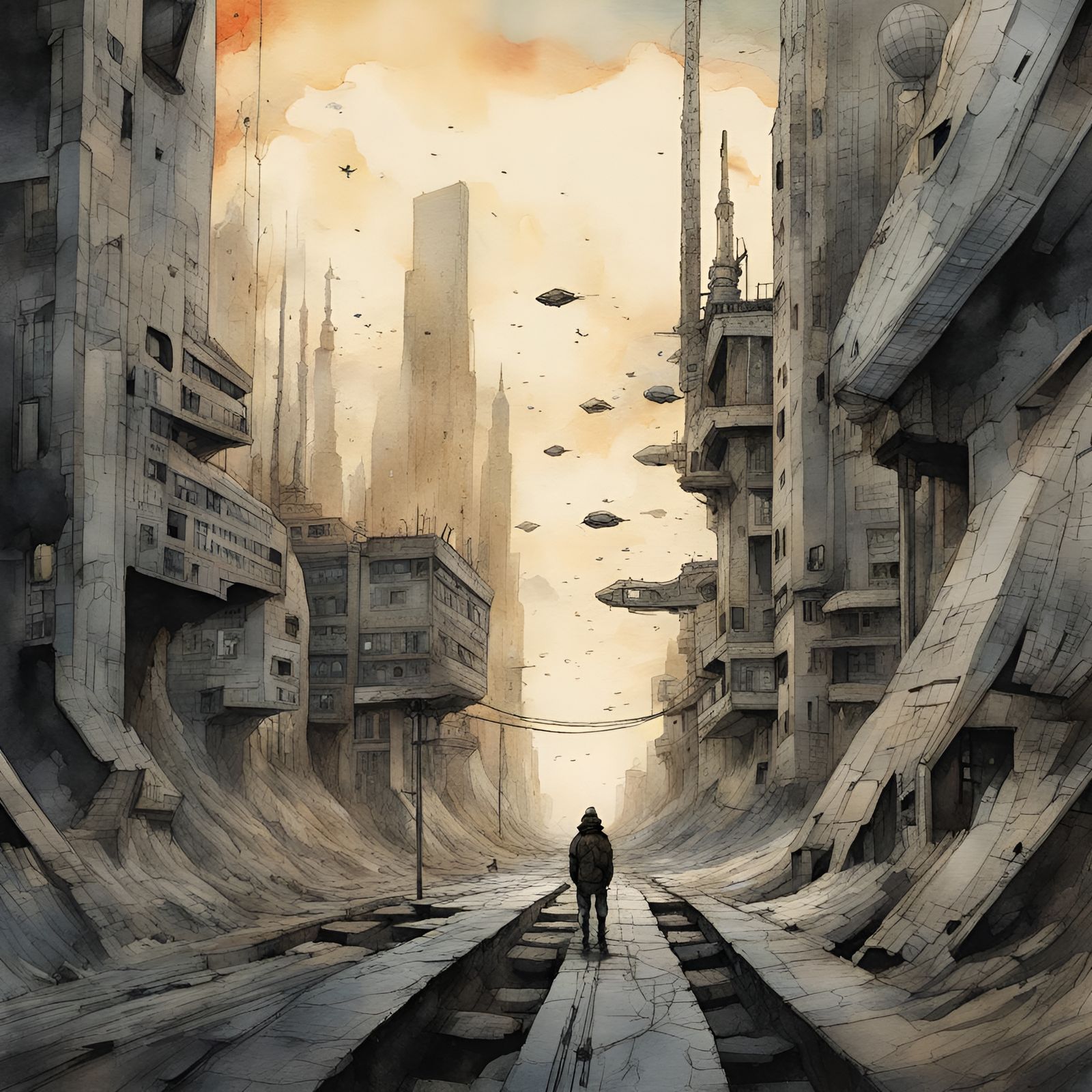 This dystopian world in the wonderful ink and watercolor style of ...