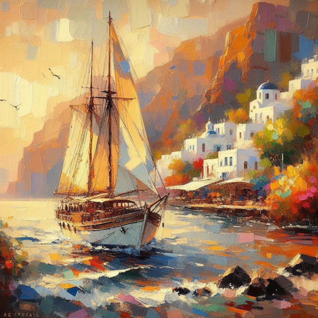 Sailing near Greek islands (gouache)